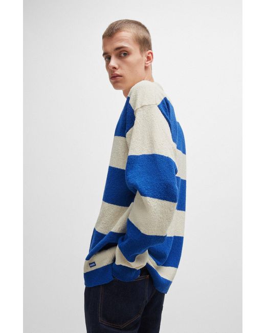 HUGO Blue Rugby-style Sweater In Cotton-blend Bouclé for men