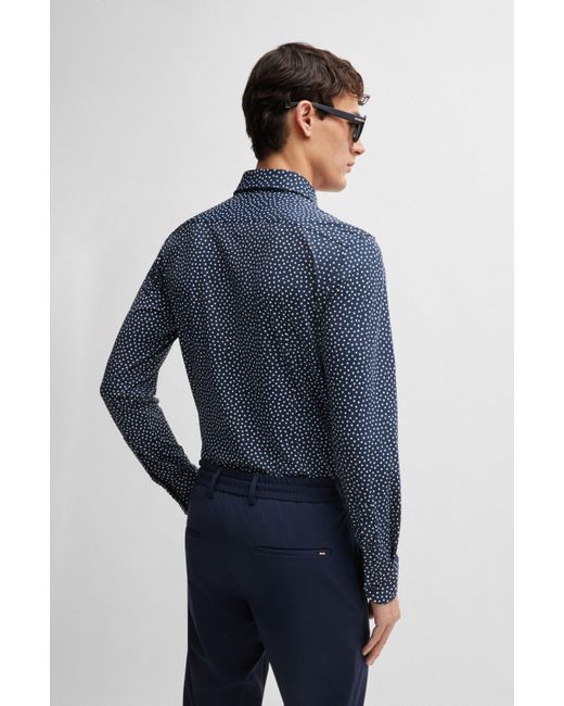 Boss Blue Slim-fit Shirt In Printed Performance-stretch Fabric for men
