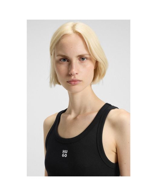 HUGO Blue Ribbed Cotton-Blend Tank Top With Embroidered Stacked Logo