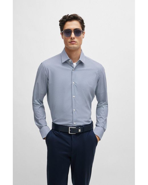 Boss Blue Regular-fit Shirt In Printed Performance-stretch Fabric for men