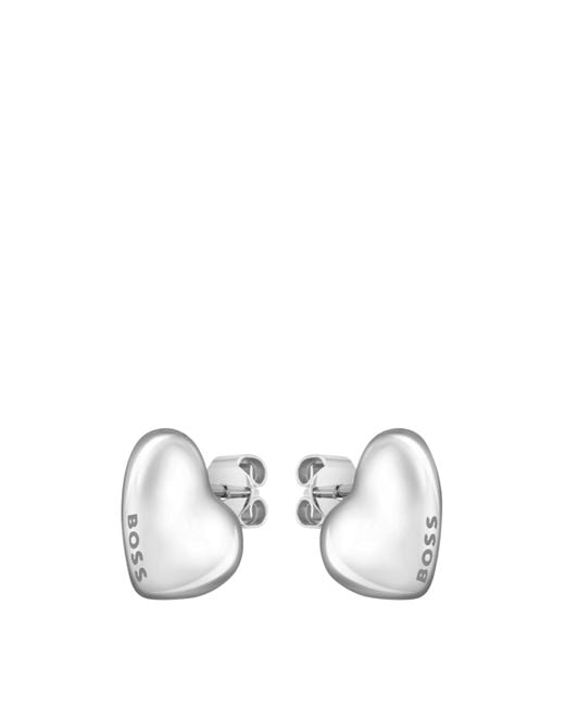 Boss White Herzförmige, silberfarbene Ohrringe mit Logo-Details