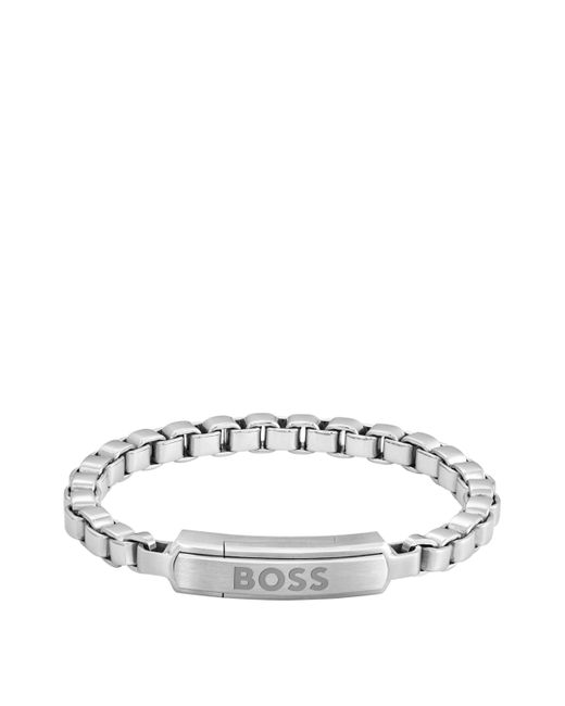Bracelet chaîne argenté à maillons cubes avec fermoir logoté Boss pour homme en coloris White