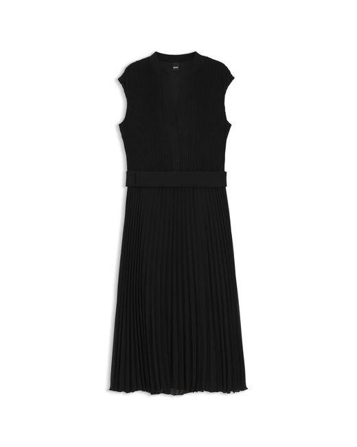 Boss Black Plissé-Crepe Dress With Notch Neckline