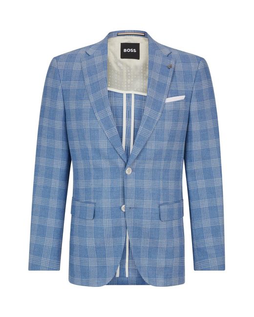 Boss Blue Slim-fit Jacket In Checked Cloth With Partial Lining for men