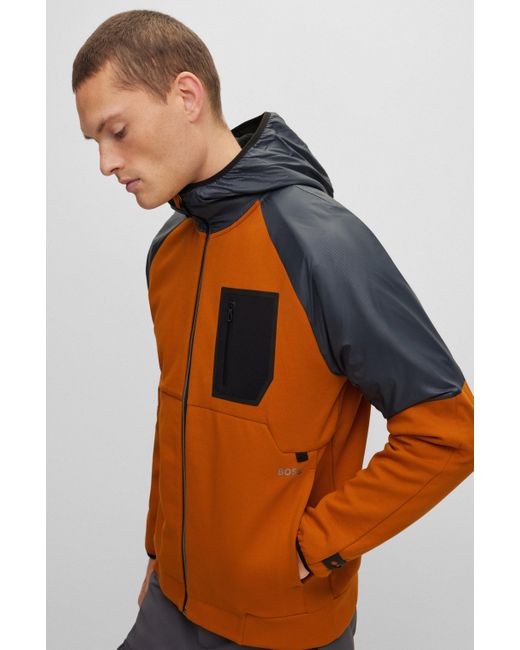 Boss Orange Mixed-material Zip-up Hoodie With Fleece Lining for men
