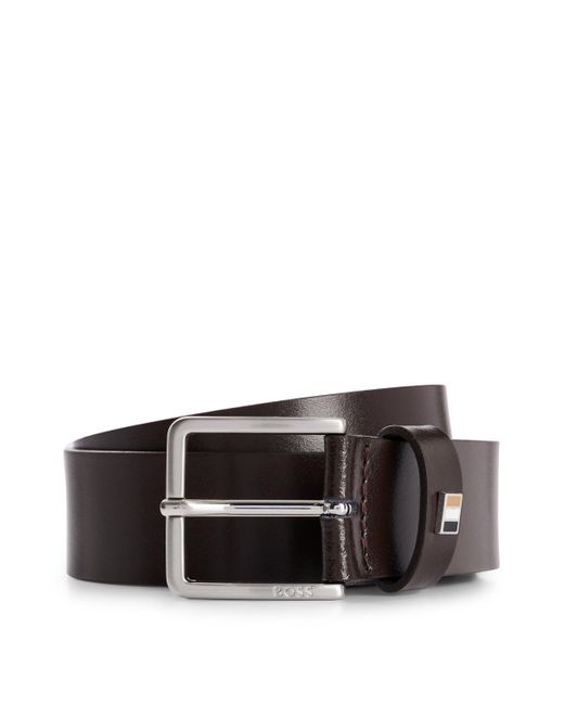 Boss Black Italian-leather Belt With Signature-stripe Keeper Trim for men