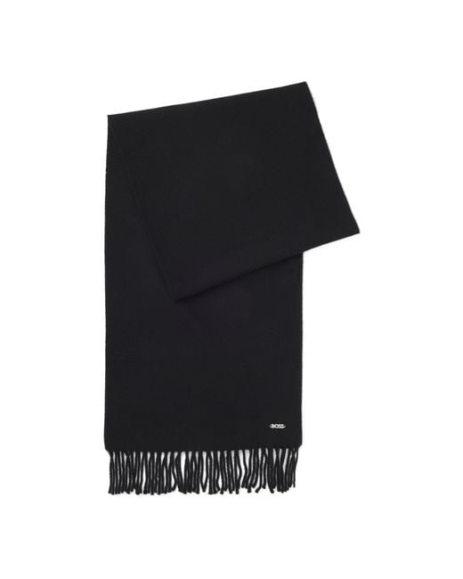 Boss Black Wool Woven Scarf With Logo Rivet