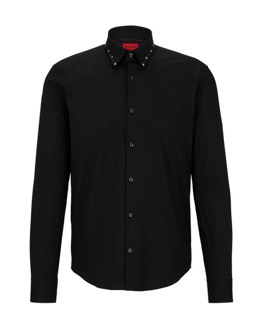 HUGO White Slim-fit Shirt In Stretch Cotton With Studded Collar for men