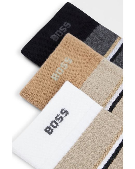 Lot de trois paires de chaussettes à rayures et logo Boss pour homme en coloris Black