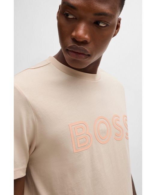 Boss Natural Cotton-jersey Regular-fit T-shirt With Logo Artwork for men
