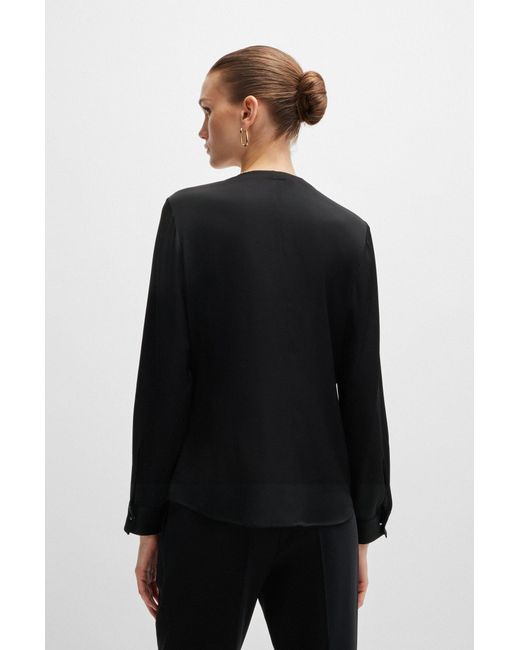 Boss Black Ruched-neck Blouse In Stretch-silk Crepe De Chine