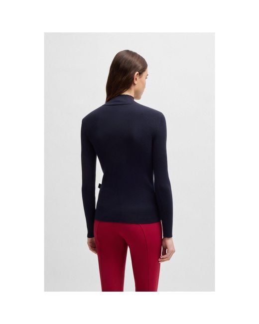 Boss Blue Equestrian Zip-Neck Sweater With Ribbed Structure