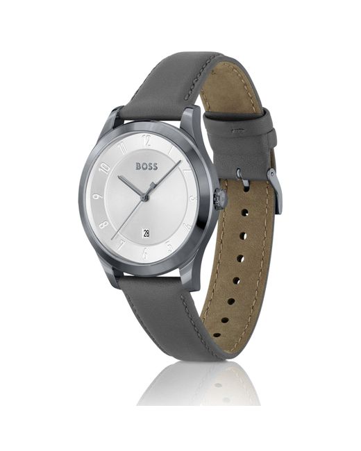 Boss Gray Plated Watch With Leather Strap for men