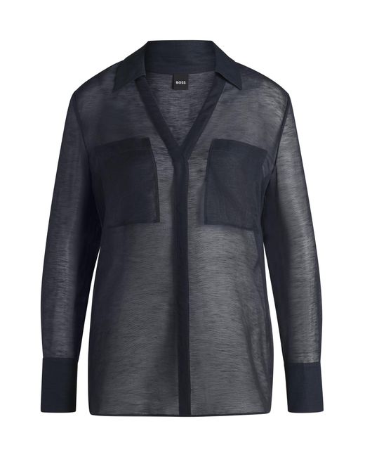 Boss Blue Bluse Aus Ramie Mit V-Ausschnitt Und Kragen