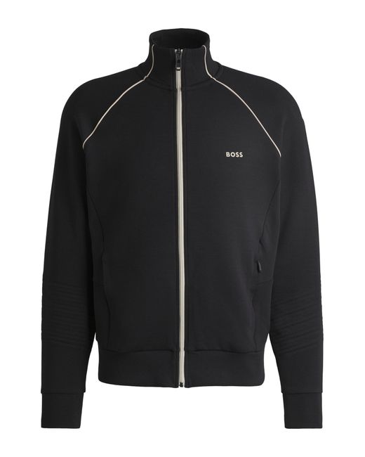 Boss Black Stretch-cotton Zip-up Sweatshirt With Piping And Branding for men