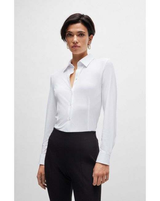Boss Extra Slim-fit Blouse Van Italiaanse, Hoogwaardige Stretchdobby in het White
