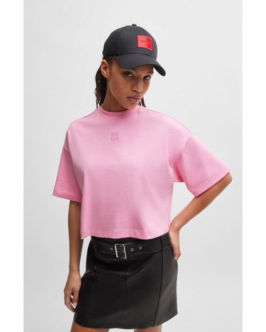 T-shirt court Relaxed en coton à logo revisité HUGO en coloris Pink