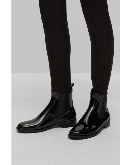 Boss Black Glossy Chelsea-style Rain Boots With Branded Trim