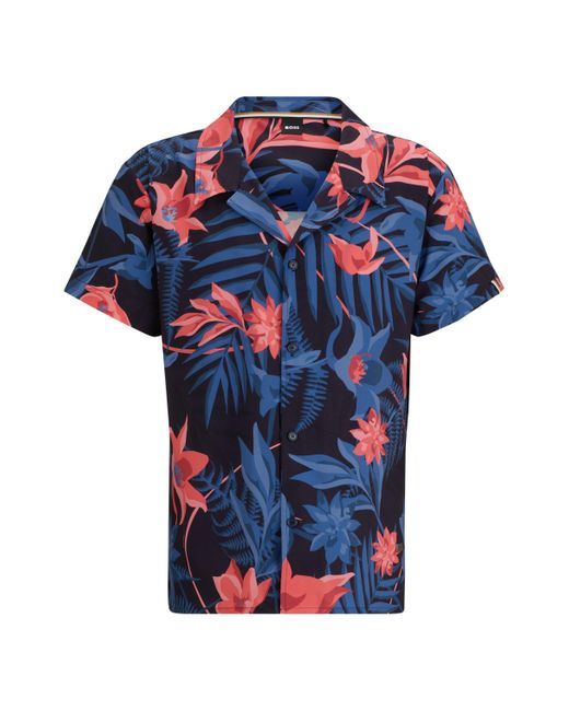 Boss Regular-fit beach shirt with seasonal print in Blue für Herren