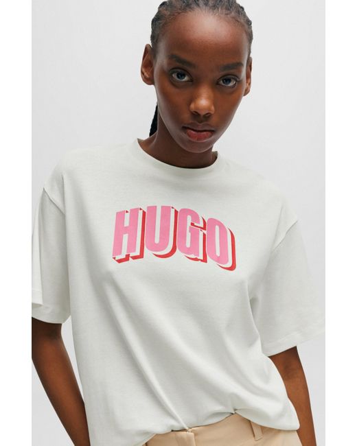 HUGO Relaxed-fit T-shirt Van Gewassen Katoen Met Nieuw Logo in het White