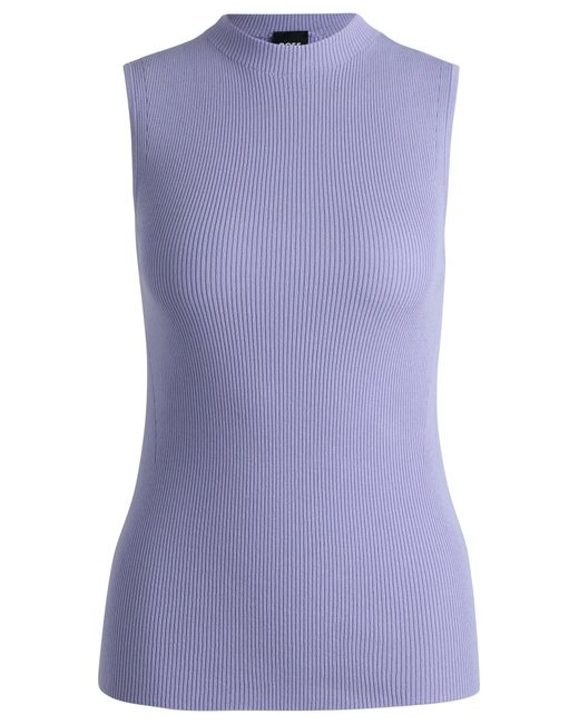 Boss Purple Sleeveless Mock-neck Top In Ribbed Fabric