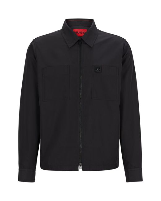 HUGO Black Oversized-fit Zip-up Shirt With Stacked Logo Trim for men