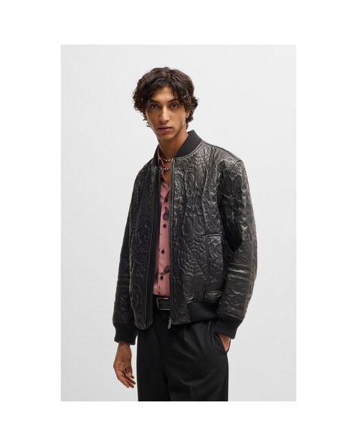 HUGO Gray Leather Jacket With Spiderweb And Bandana Pattern for men