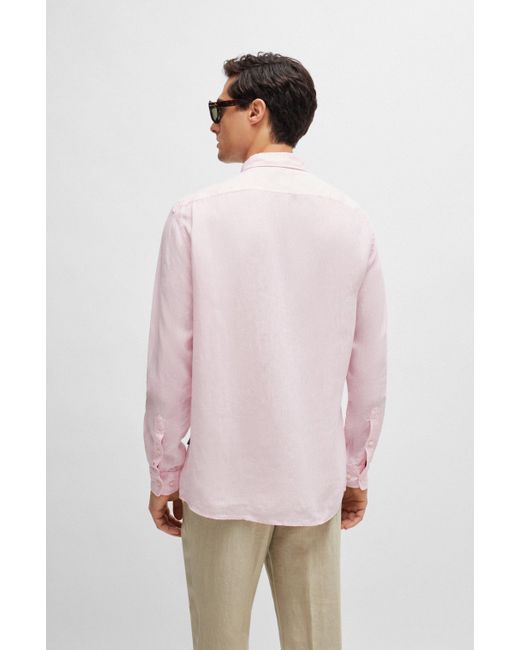 Boss Regular-fit Linnen Overhemd Met Buttondownkraag in het Pink voor heren