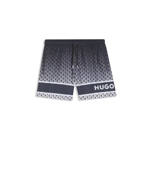 HUGO Blue Printed Swim Shorts With Stripe And Logo for men