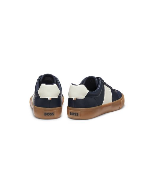 Boss Blue Grained Faux-Leather Trainers With Genuine Leather Trims for men