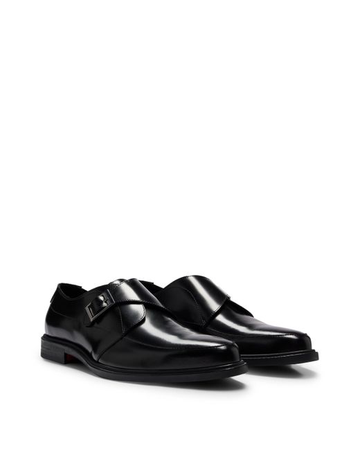 HUGO Black Leather Monk Shoes With Buckle And Single Strap for men
