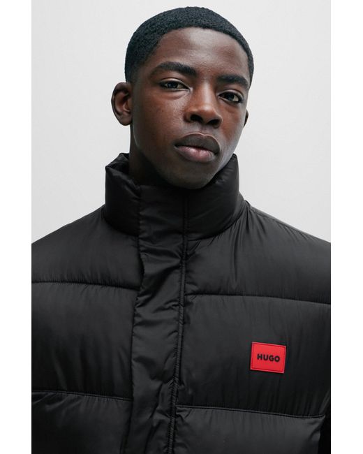 HUGO Black Water-repellent Puffer Jacket With Red Logo Label for men