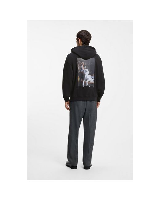 HUGO Black Cotton Hoodie With Spaced-Out Logo And Back Graphic for men