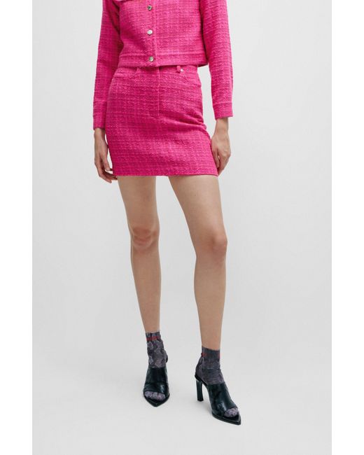 HUGO Pink Hardware-trimmed Mini Skirt In Boucl Fabric