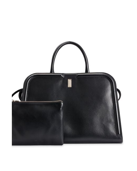 Boss Black Leather Tote Bag With Detachable Pouch