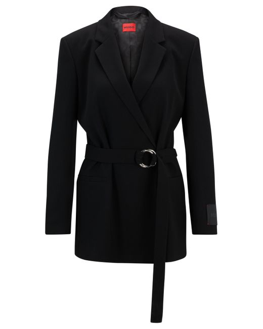 HUGO Black Relaxed-fit Long-length Jacket With Wrap Front