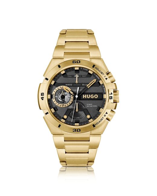 HUGO Metallic Black-dial Watch In Yellow-gold-tone Steel for men