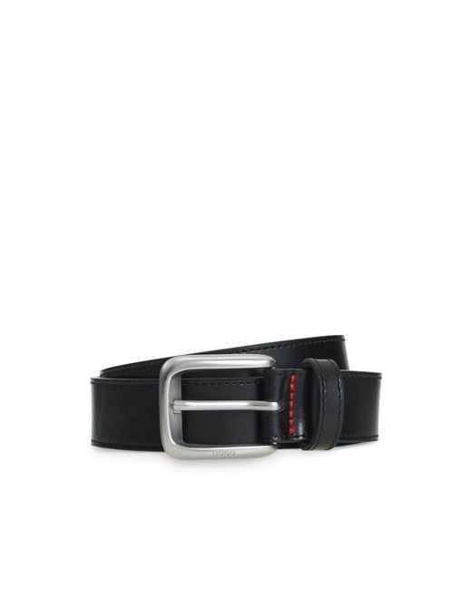 HUGO Black Leather Business Belt With Logo-Engraved Buckle for men