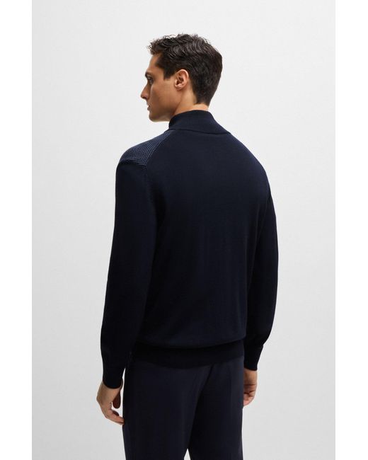 Boss Blue Zip-up Cardigan In Virgin Wool With Mixed Structures for men