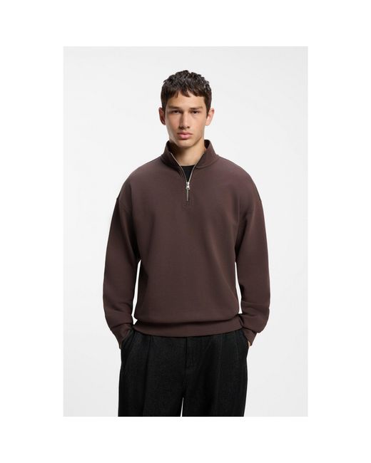 HUGO Brown Relaxed-Fit Cotton Sweatshirt With Zip Neck for men