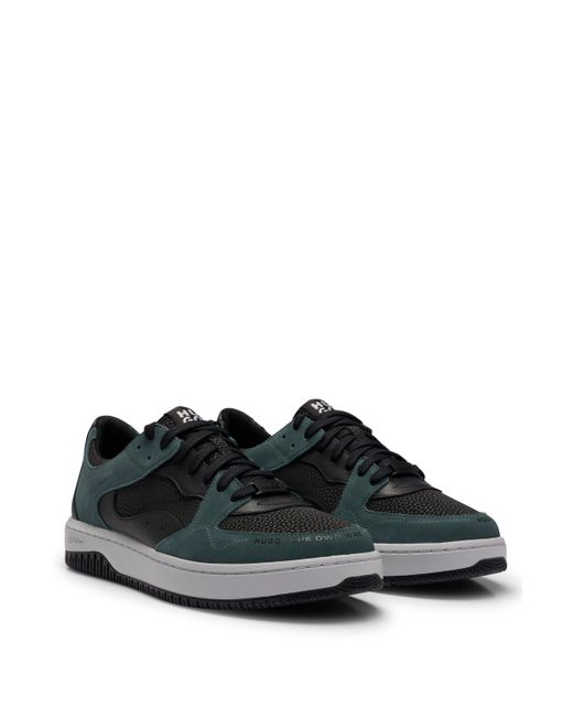 HUGO Black Lace-up Trainers In Faux Leather And Suede for men