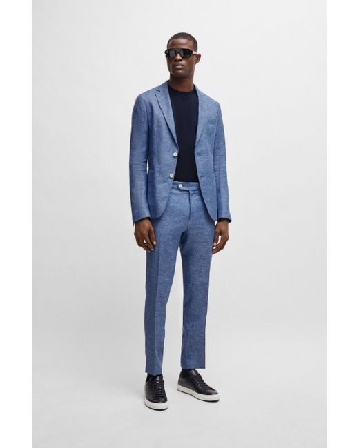 Boss Blue Slim-fit Jacket In A Micro-patterned Linen Blend for men