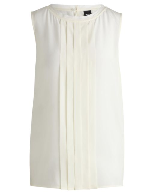 Boss White Pleat-front Sleeveless Blouse In Washed Silk