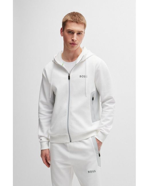 Boss White Cotton-blend Zip-up Hoodie With 3d-moulded Logo for men