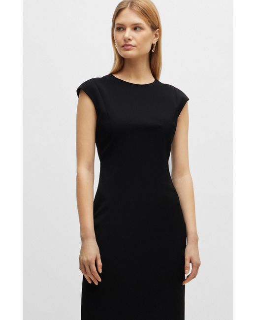 Boss Black Slim-fit Dress In Virgin Wool With Cap Sleeves