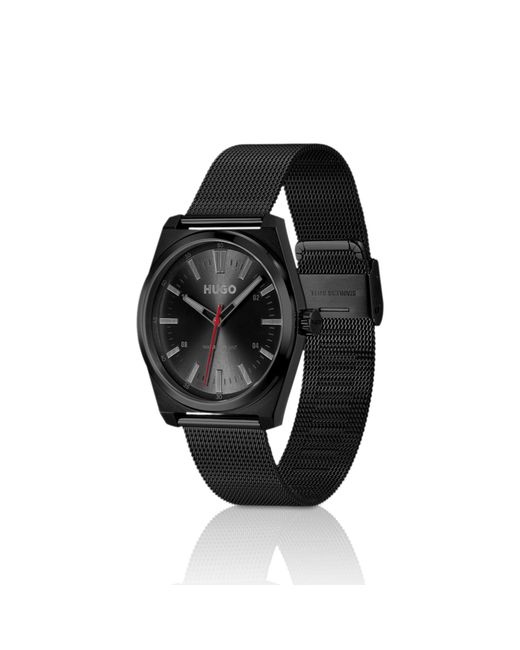 HUGO Black Plated Watch With Tonal Mesh Bracelet for men