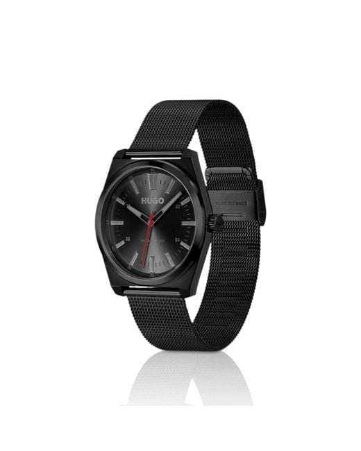 HUGO Black Plated Watch With Tonal Mesh Bracelet for men