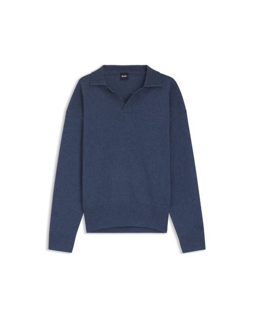 Boss Blue Virgin-Wool Sweater With Johnny Collar for men