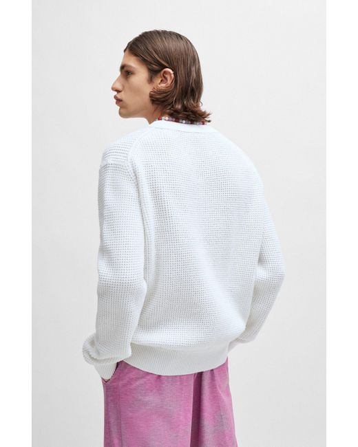 HUGO White Relaxed-fit Sweater With Knitted Structure And Crew Neckline for men