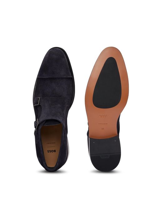 Boss Black Suede Shoes With Double-monk Strap And Cap Toe for men